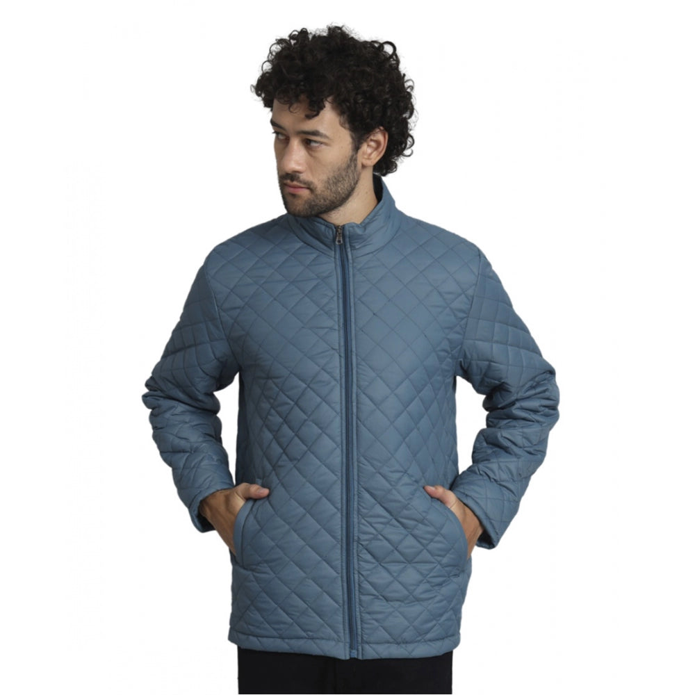 Amfyn Men's Solid Polyester Full Sleeve Bomber Jacket (Blue)