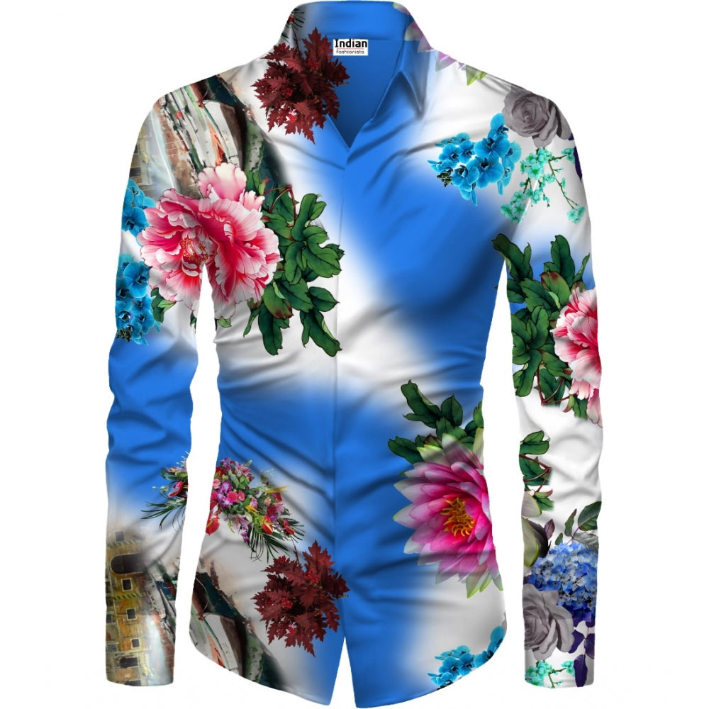 Amfyn Men's Casual Floral Printed Cotton Blend Unstitched Shirt Fabric 1.6 Mtrs (Blue)