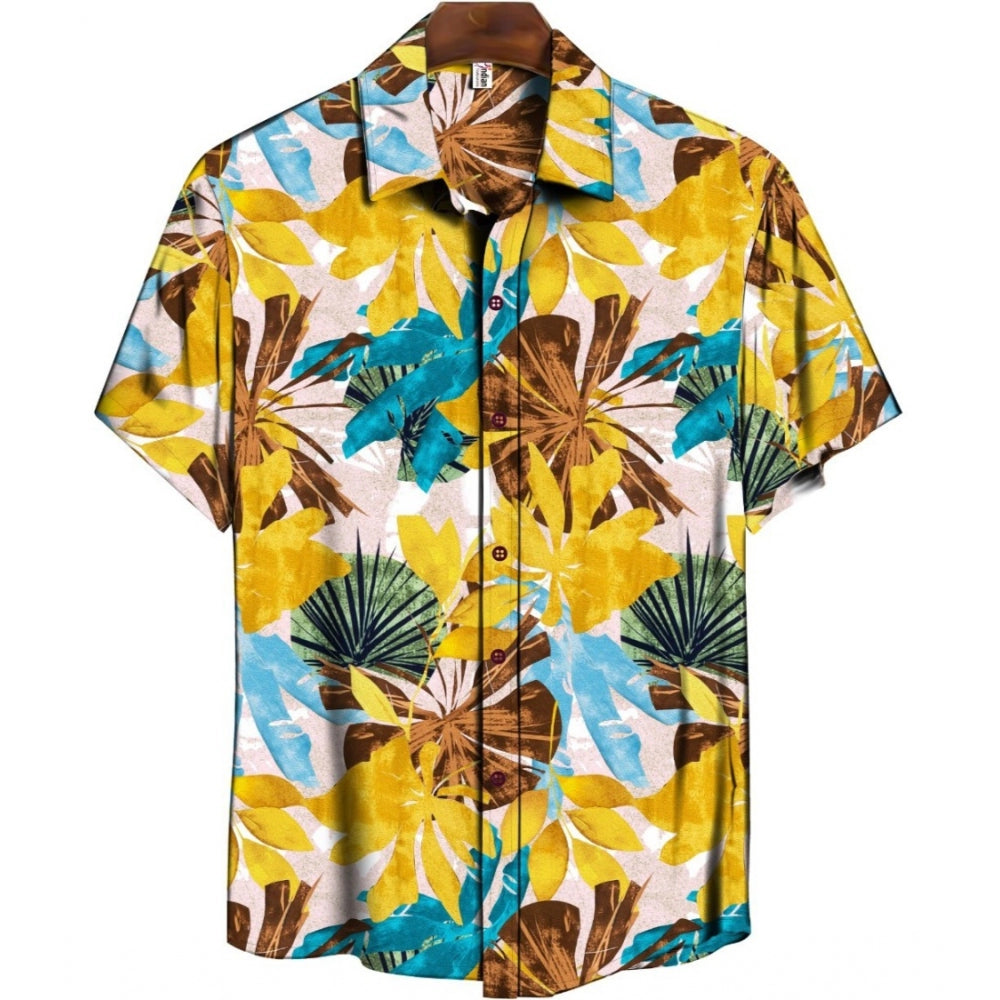 Amfyn Men's Casual Floral Printed Cotton Blend Unstitched Shirt Fabric 1.6 Mtrs (Yellow)