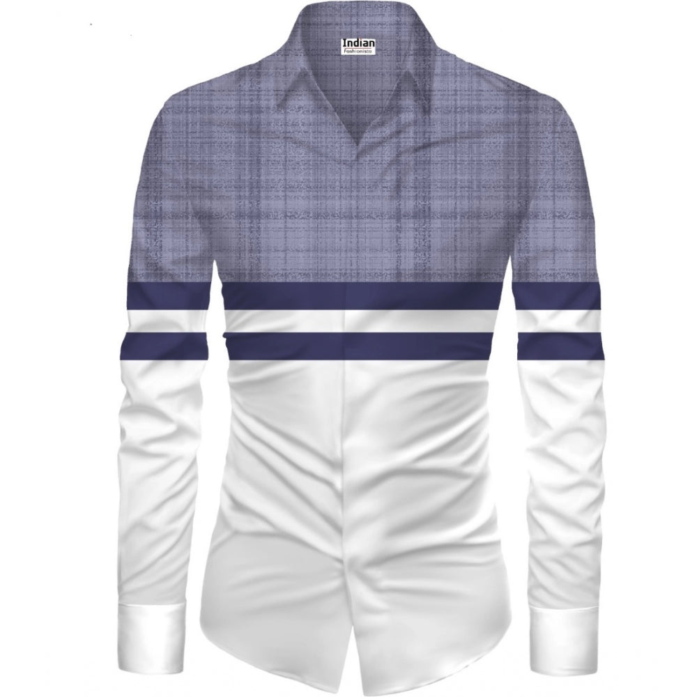 Men's casual shirt fabric with collar, long sleeves, gray-blue check and navy stripes