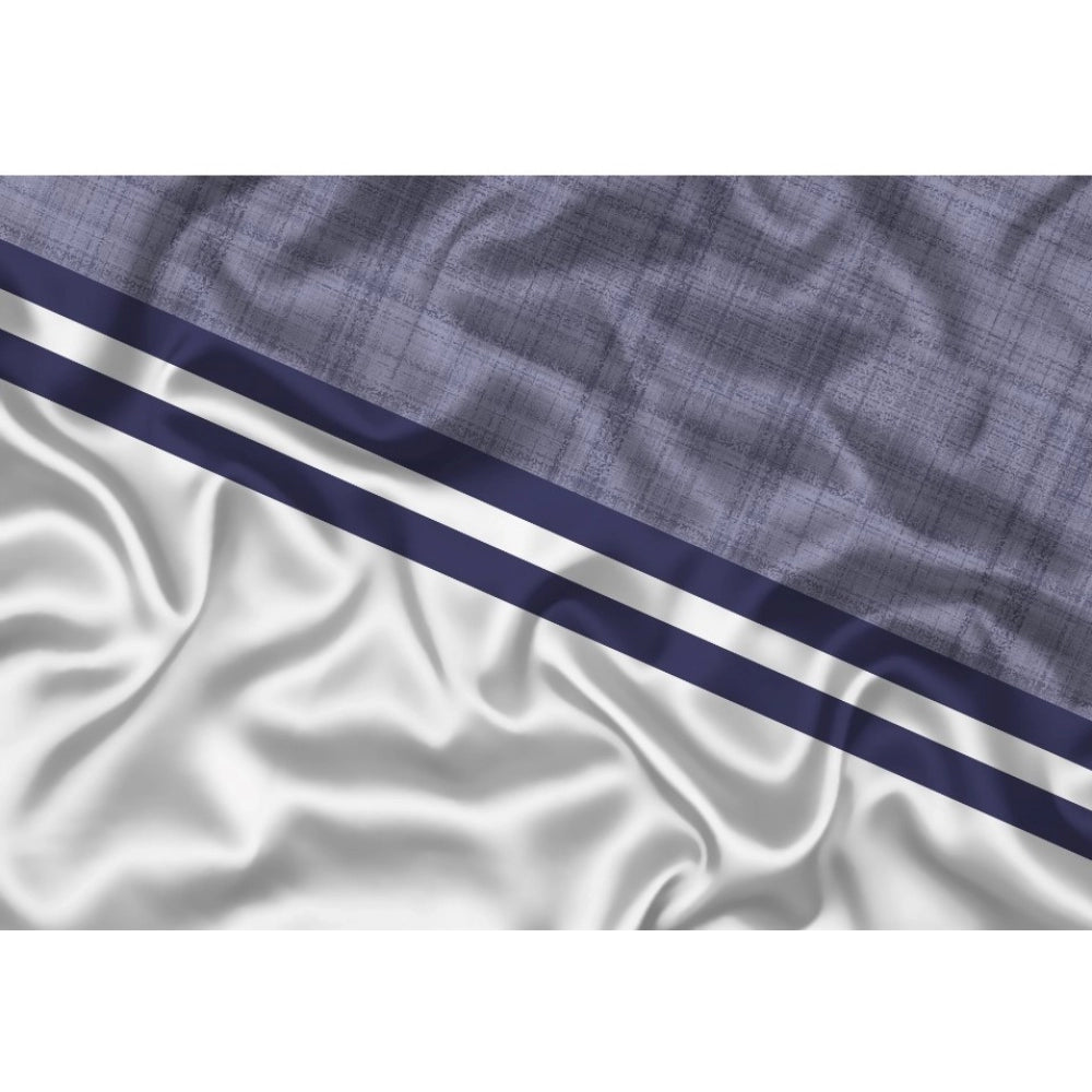 Gray-blue checked fabric with navy striped band and white silky base, close-up texture