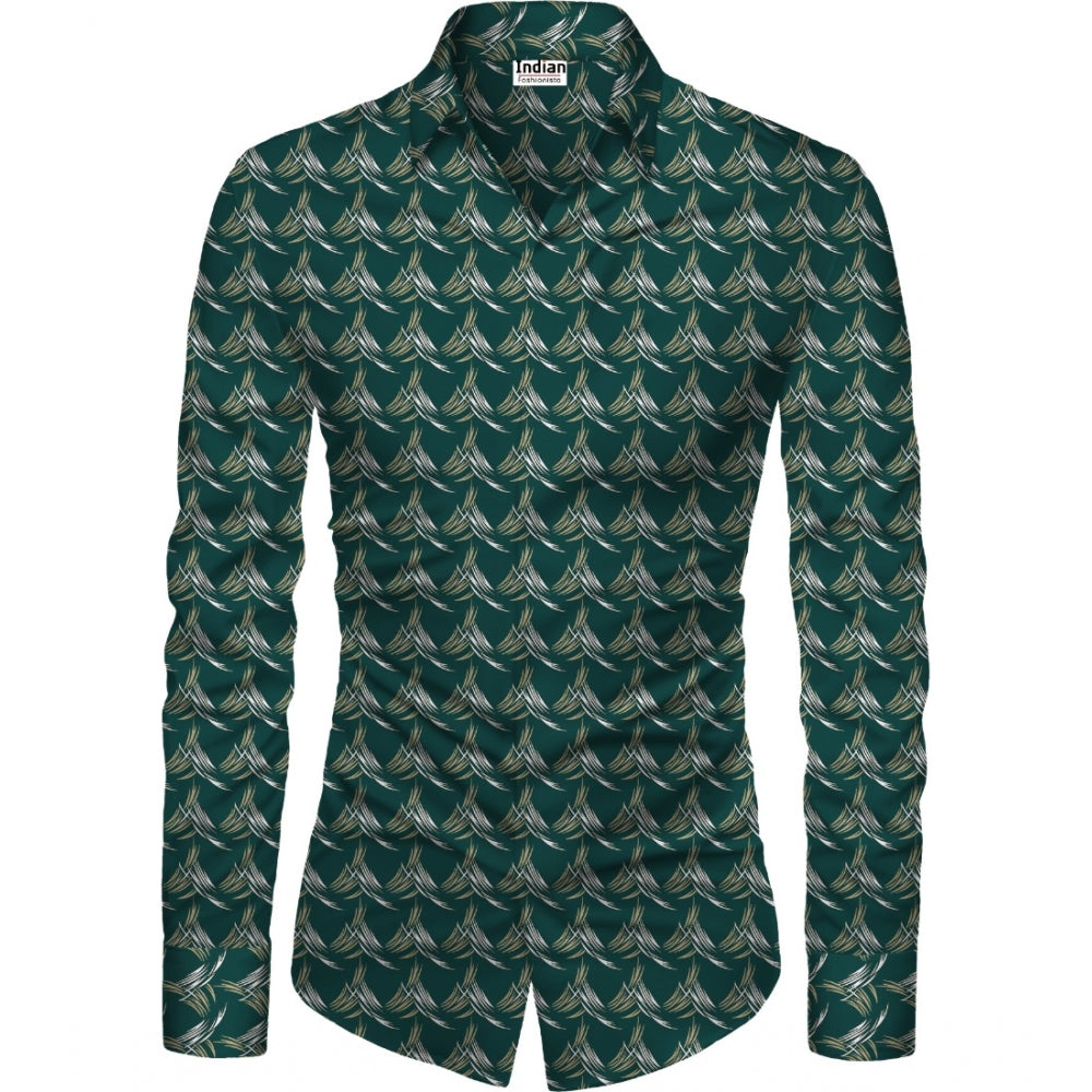 Men's dark green floral printed long-sleeve shirt with stand collar