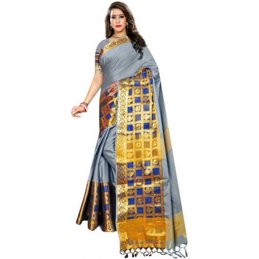 Amfyn Women's Jacquard Woven Saree With Unstitched Blouse 5.5Mtr (Light Blue)