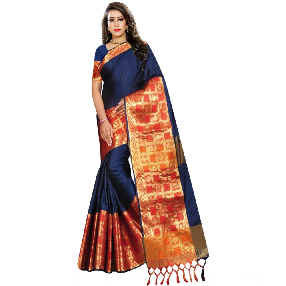 Amfyn Women's Jacquard Woven Saree With Unstitched Blouse 5.5Mtr (Blue)