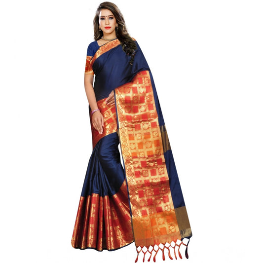 Amfyn Women's Jacquard Woven Saree With Unstitched Blouse 5.5Mtr (Blue)
