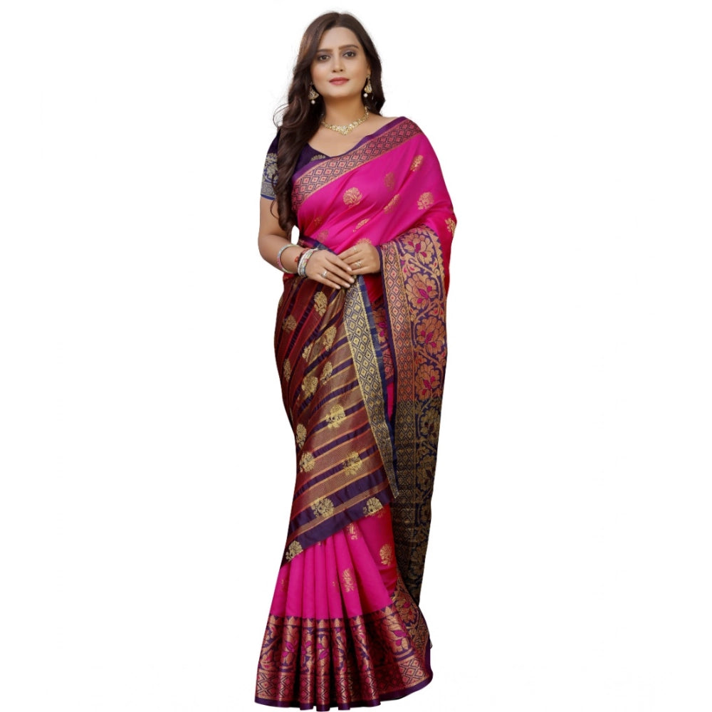 Amfyn Women's Silk Blend Woven Saree With Unstitched Blouse 5.5Mtr (Pink-Beige)