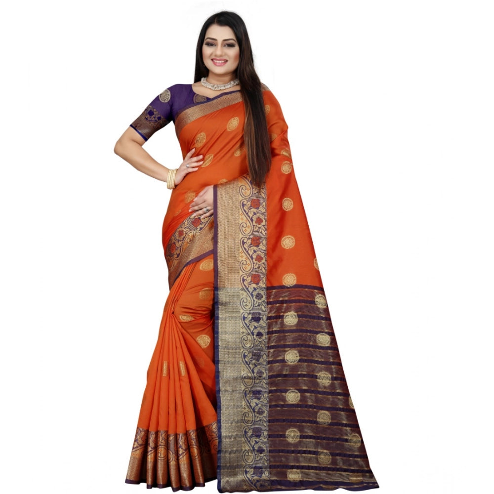 Amfyn Women's Silk Blend Woven Saree With Unstitched Blouse 5.5Mtr (Blue-Orange)
