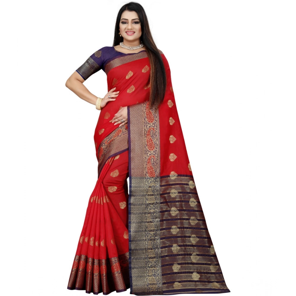Amfyn Women's Silk Blend Woven Saree With Unstitched Blouse 5.5Mtr (Purple-Red)