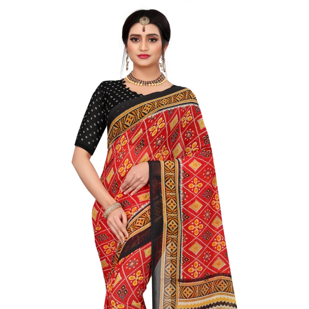 Amfyn Women's Georgette Floral Print Saree With Unstitched Blouse 5.5Mtr (Red)