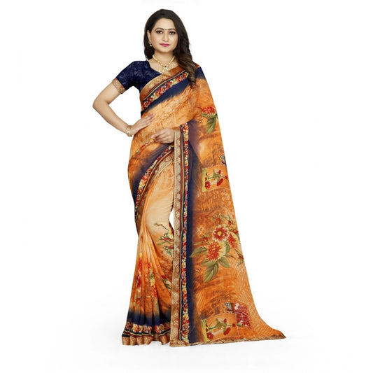 Amfyn Women's Georgette Floral Print Saree With Unstitched Blouse 5.5Mtr (Blue-Orange)