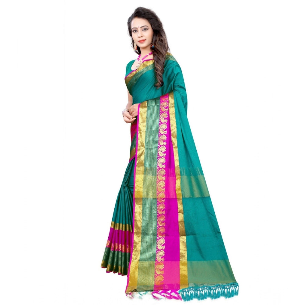 Amfyn Women's Jacquard Woven Saree With Unstitched Blouse 5.5Mtr (Dark Green)