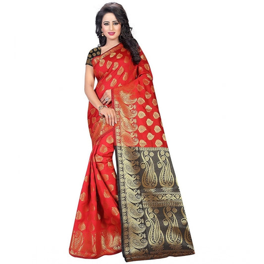 Amfyn Women's Jacquard Woven Saree With Unstitched Blouse 5.5Mtr (Red)