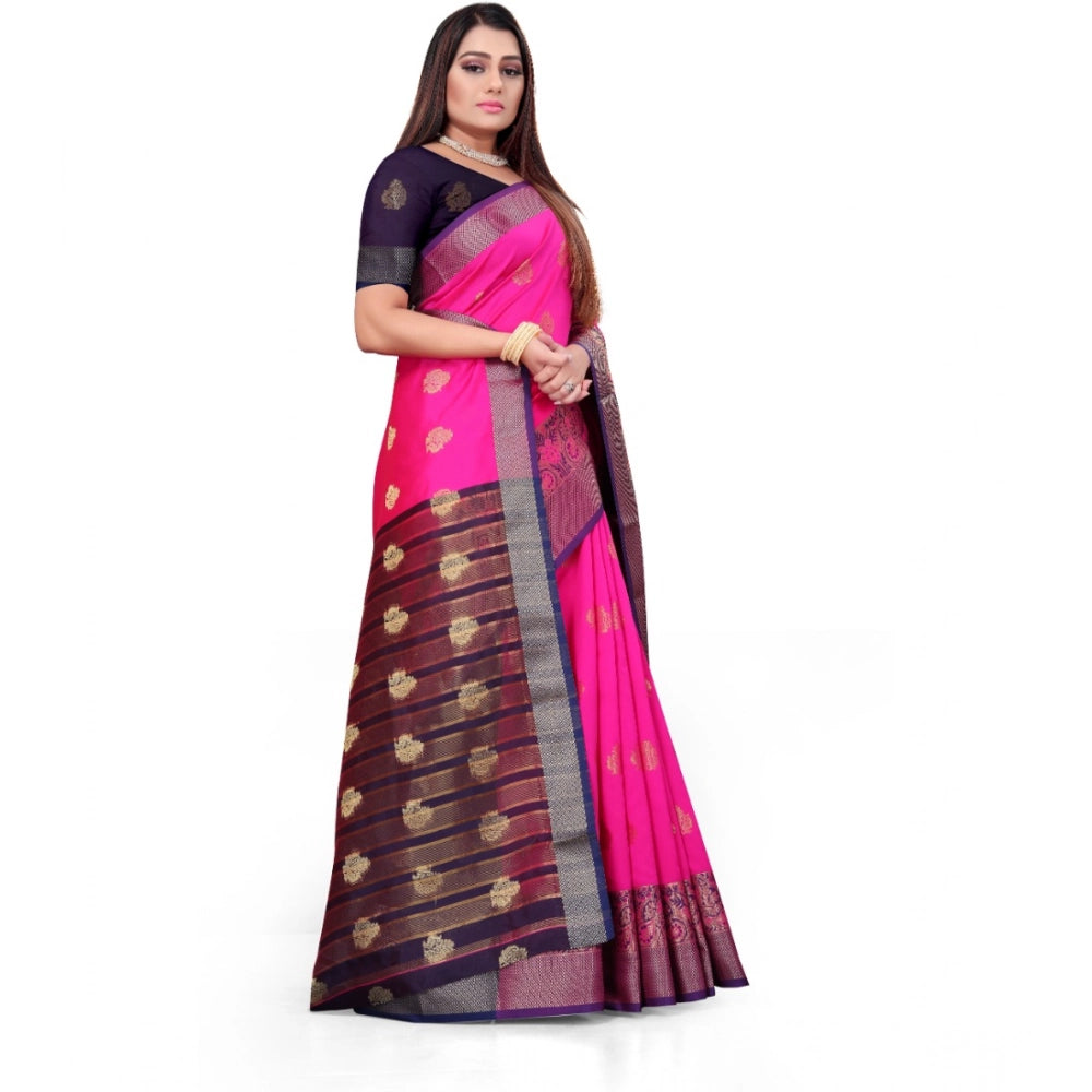 Amfyn Women's Silk Blend Woven Saree With Unstitched Blouse 5.5Mtr (Pink)