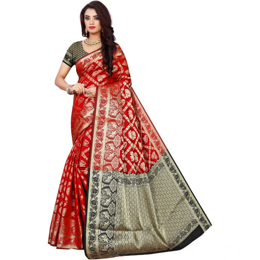 Amfyn Women's Jacquard Woven Saree With Unstitched Blouse 5.5Mtr (Red)