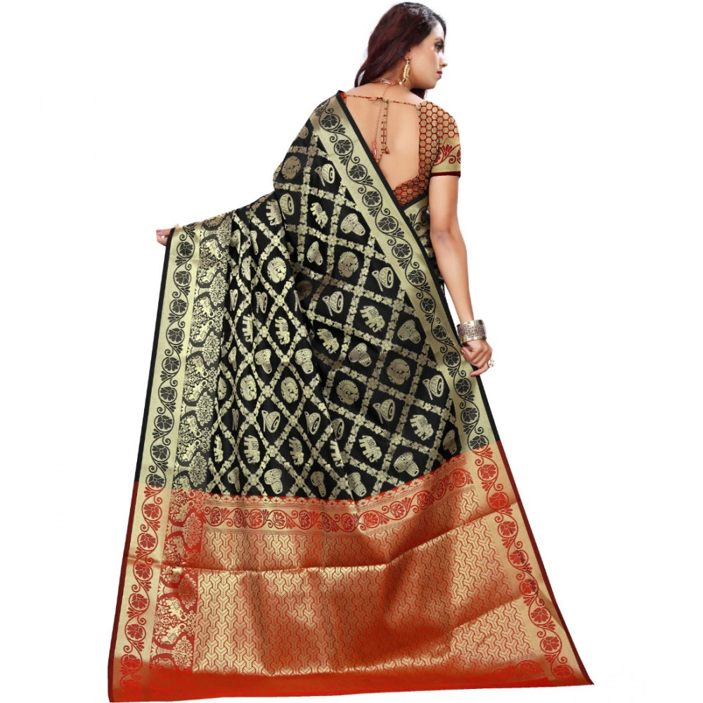 Amfyn Women's Jacquard Woven Saree With Unstitched Blouse 5.5Mtr (Black)
