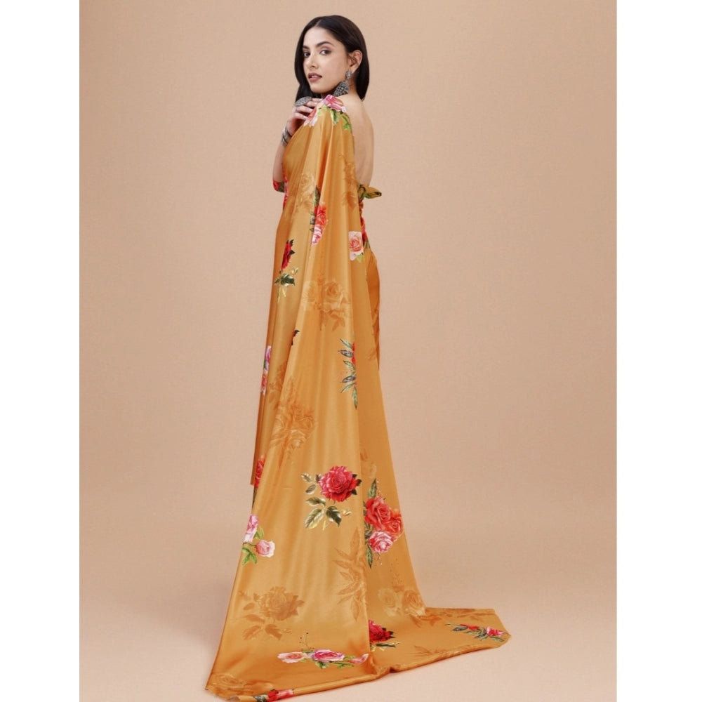 Amfyn Women's Crepe Digital Print Saree With Unstitched Blouse 5.5Mtr (Mustard)