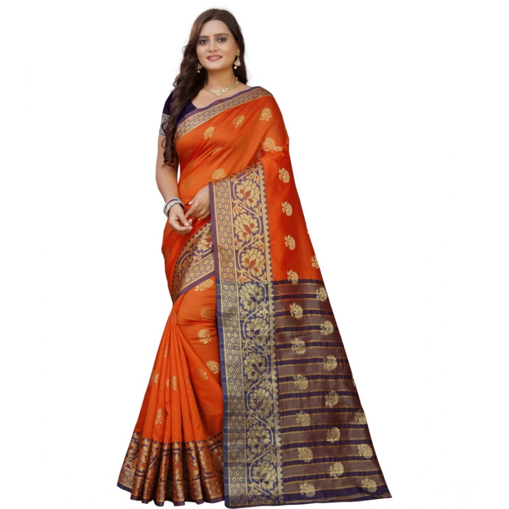 Amfyn Women's Silk Blend Woven Saree With Unstitched Blouse 5.5Mtr (Gold-Orange)