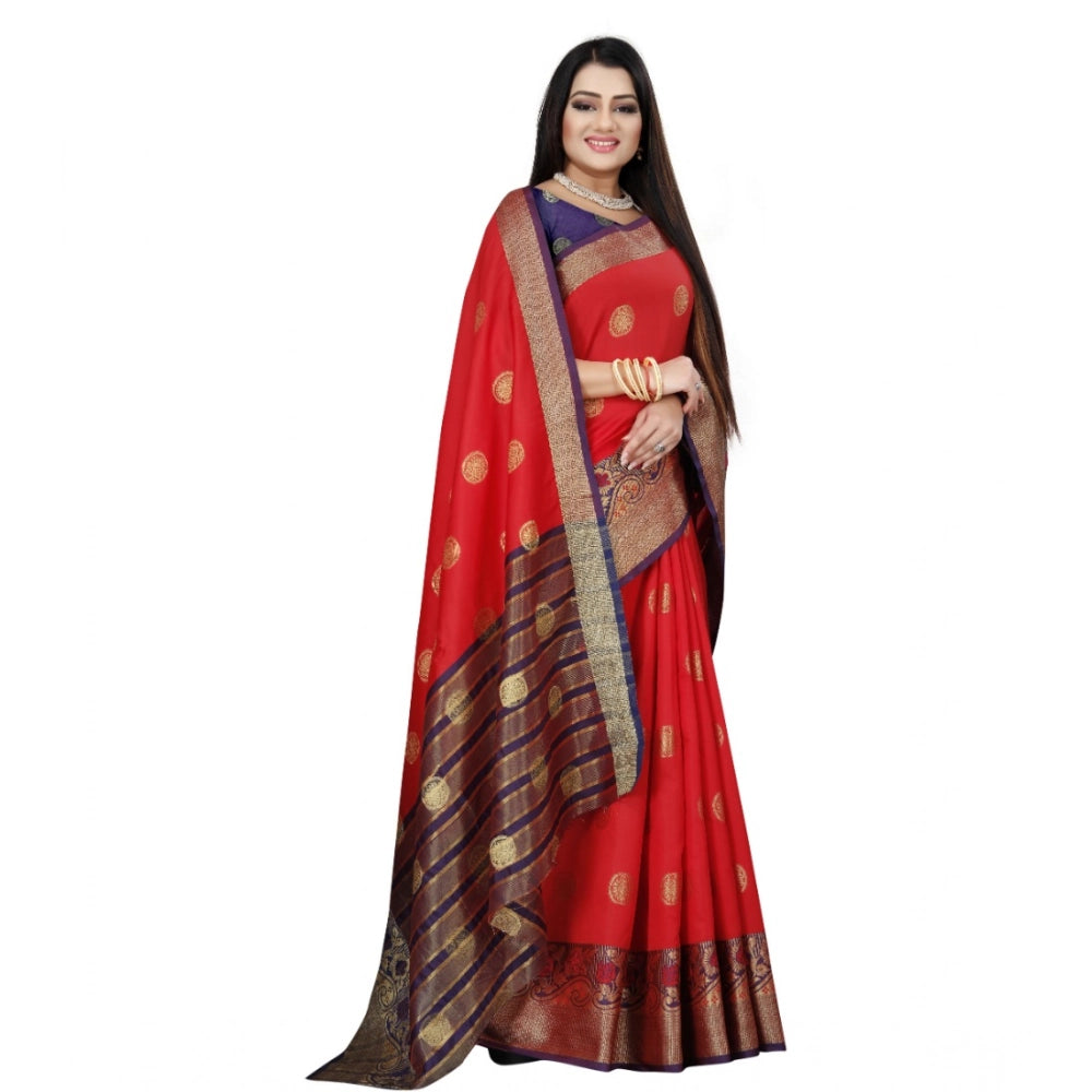 Amfyn Women's Silk Blend Woven Saree With Unstitched Blouse 5.5Mtr (Red-Blue)
