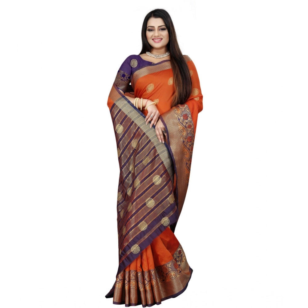 Amfyn Women's Silk Blend Woven Saree With Unstitched Blouse 5.5Mtr (Blue-Orange)