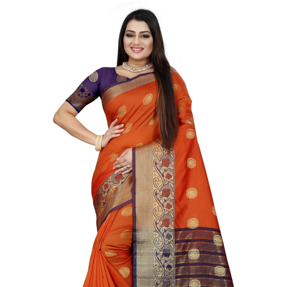 Amfyn Women's Silk Blend Woven Saree With Unstitched Blouse 5.5Mtr (Blue-Orange)