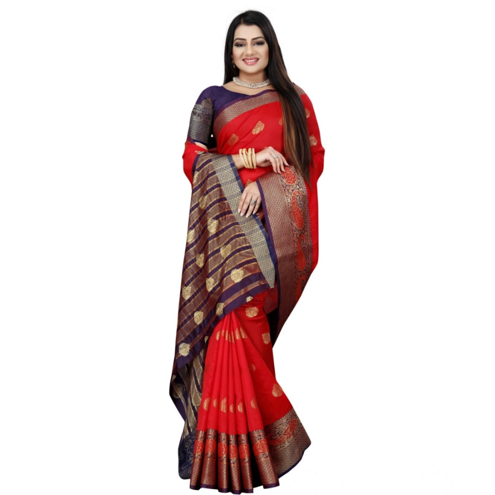 Amfyn Women's Silk Blend Woven Saree With Unstitched Blouse 5.5Mtr (Purple-Red)