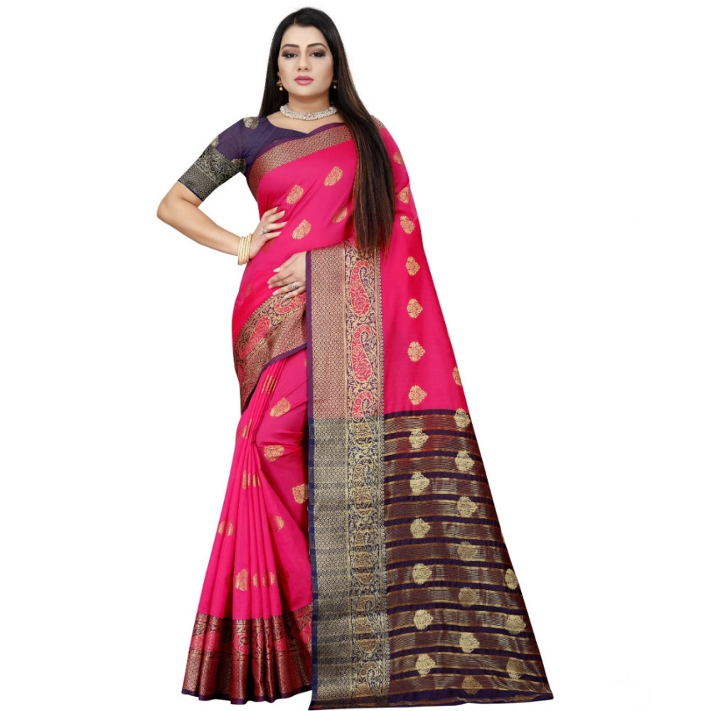 Amfyn Women's Silk Blend Woven Saree With Unstitched Blouse 5.5Mtr (Purple-Pink)