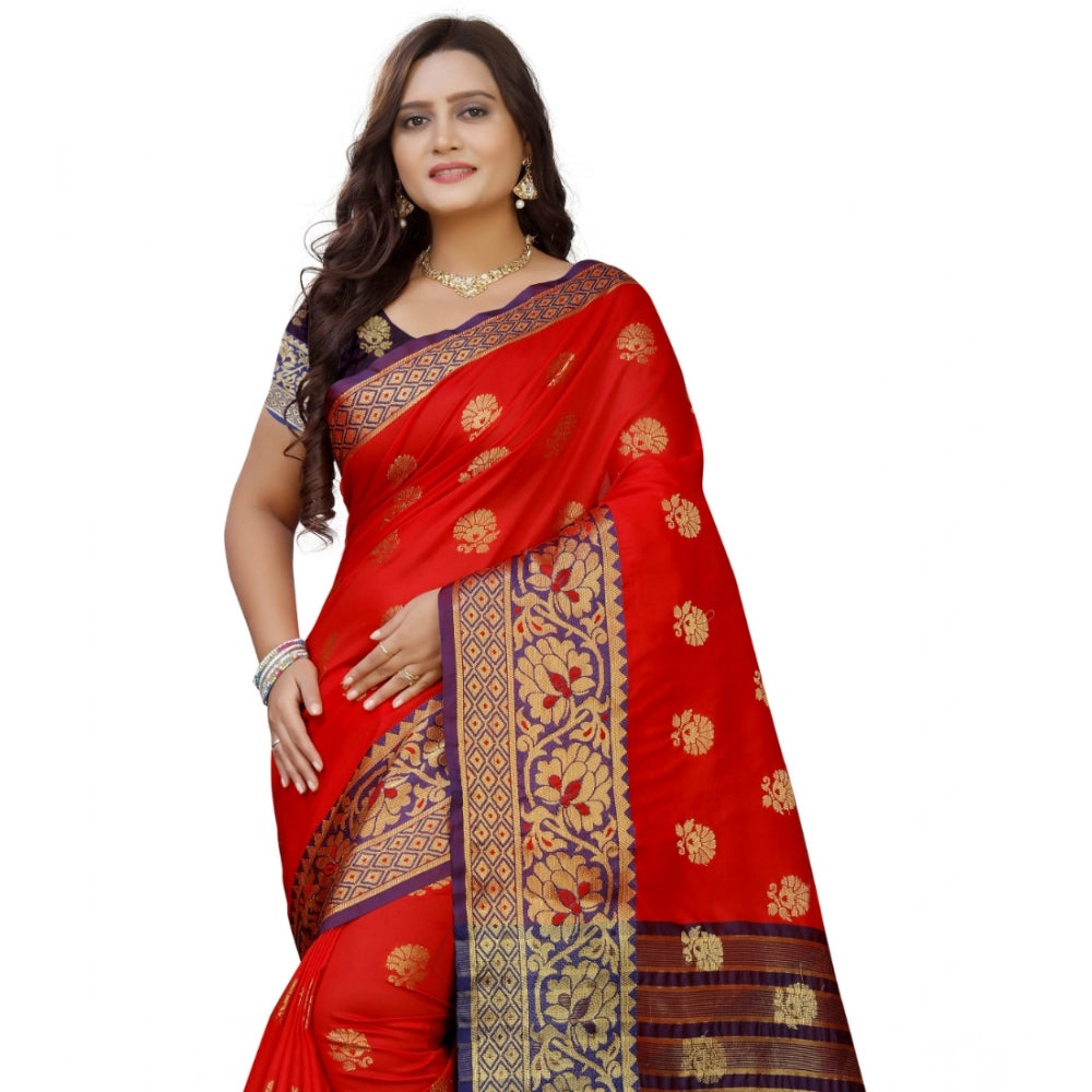 Amfyn Women's Silk Blend Woven Saree With Unstitched Blouse 5.5Mtr (Purple-Red)