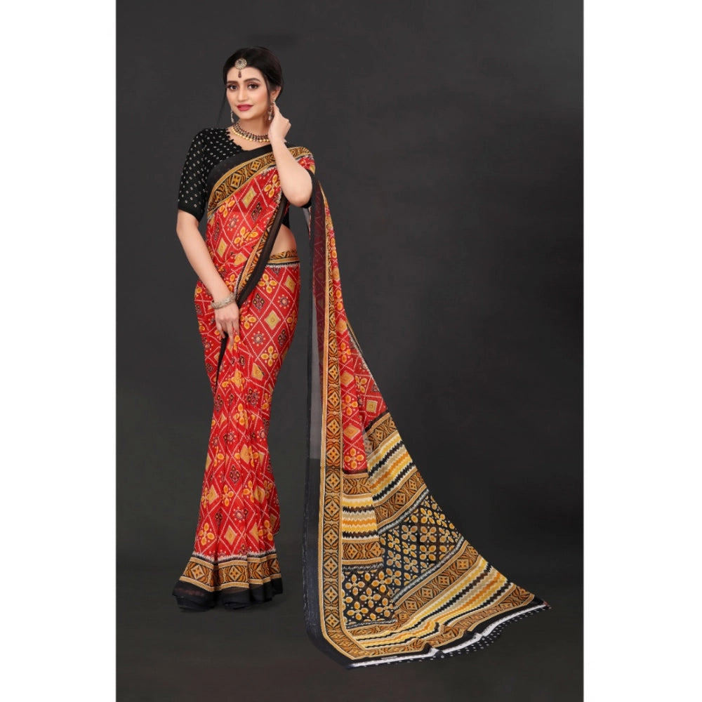 Amfyn Women's Georgette Floral Print Saree With Unstitched Blouse 5.5Mtr (Red)