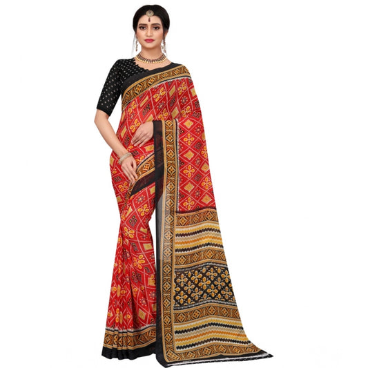 Amfyn Women's Georgette Floral Print Saree With Unstitched Blouse 5.5Mtr (Red)