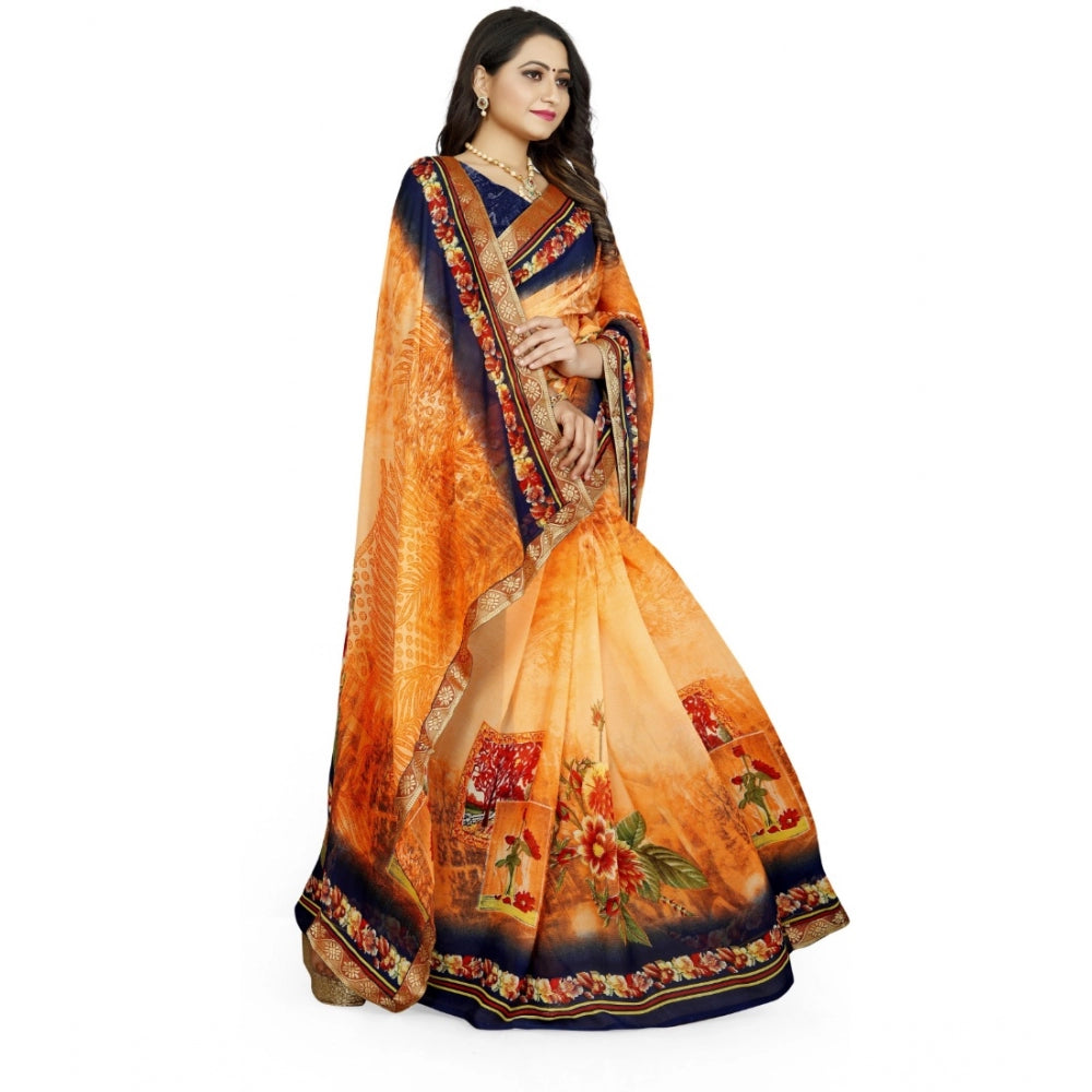 Amfyn Women's Georgette Floral Print Saree With Unstitched Blouse 5.5Mtr (Blue-Orange)