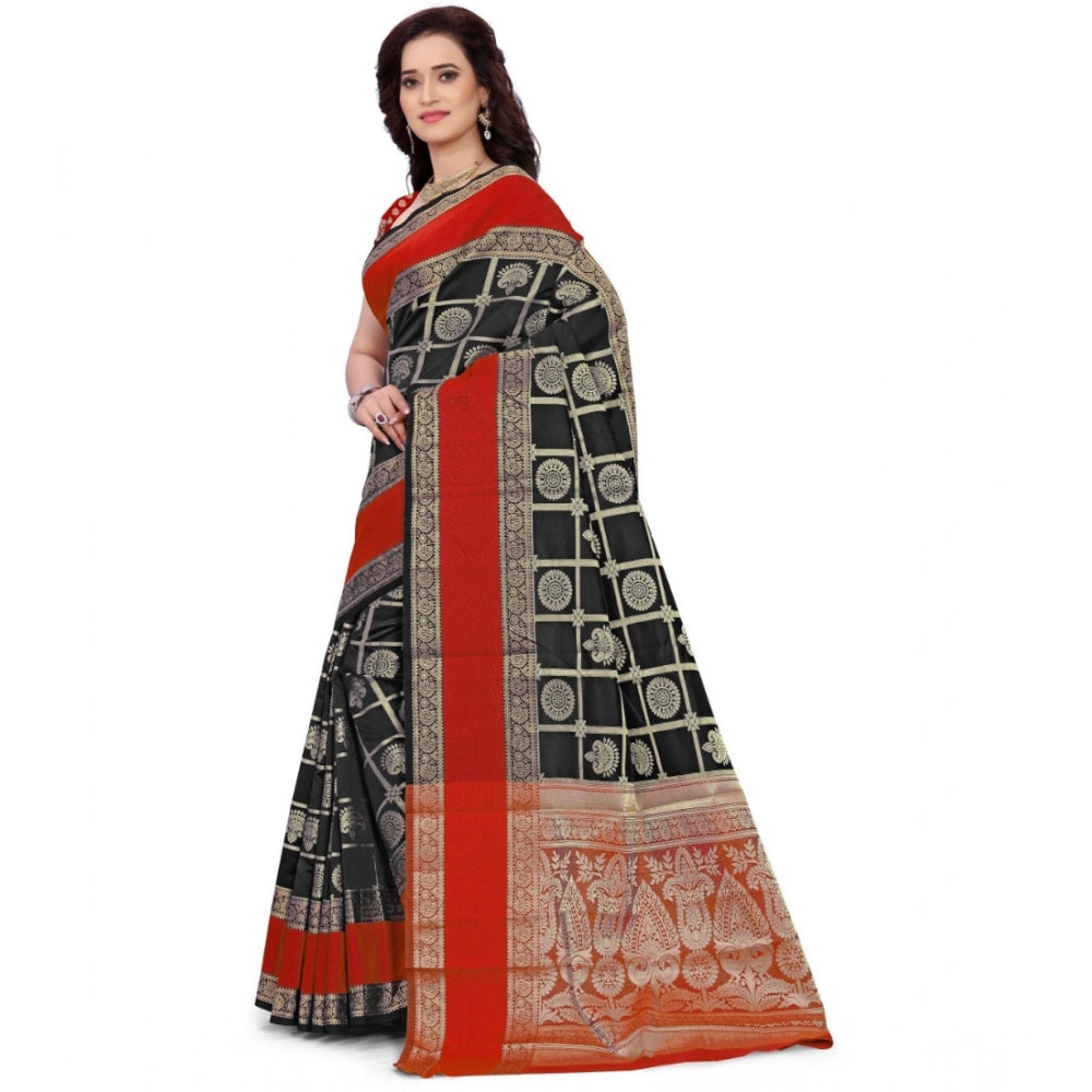 Amfyn Women's Jacquard Woven Saree With Unstitched Blouse 5.5Mtr (Red-Black)