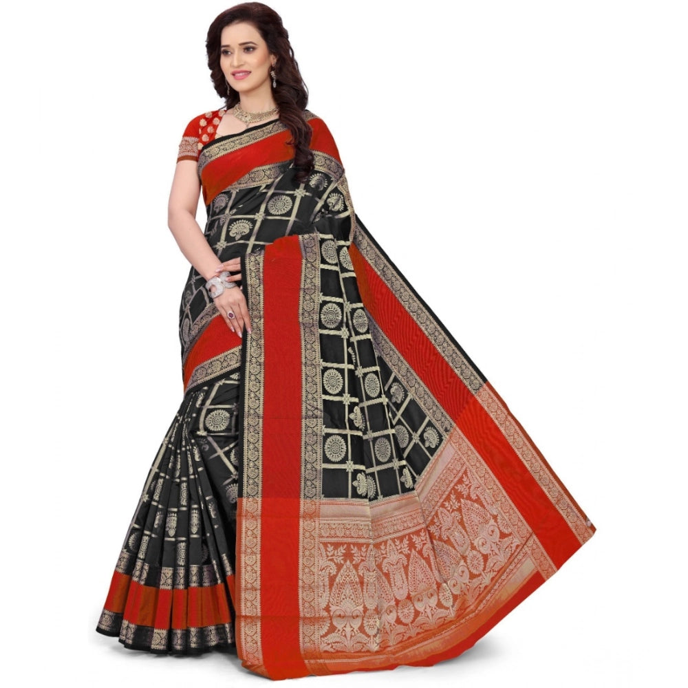 Amfyn Women's Jacquard Woven Saree With Unstitched Blouse 5.5Mtr (Red-Black)