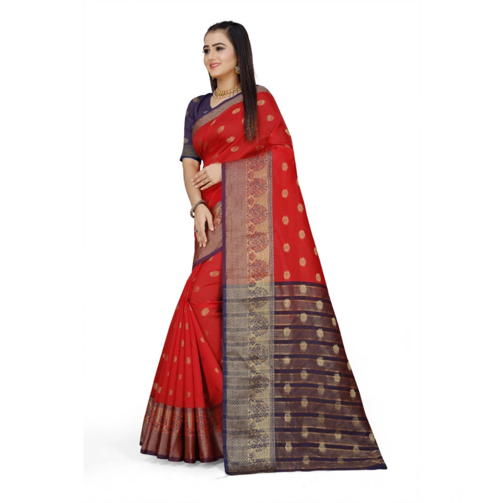 Amfyn Women's Jacquard Woven Saree With Unstitched Blouse 5.5Mtr (Red)