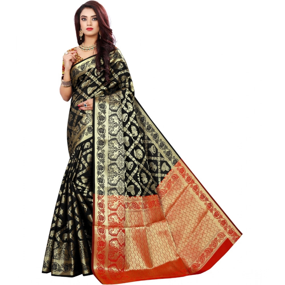 Amfyn Women's Jacquard Woven Saree With Unstitched Blouse 5.5Mtr (Black)