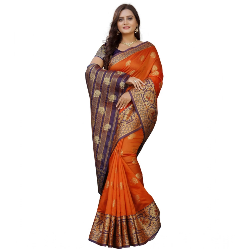Amfyn Women's Silk Blend Woven Saree With Unstitched Blouse 5.5Mtr (Gold-Orange)
