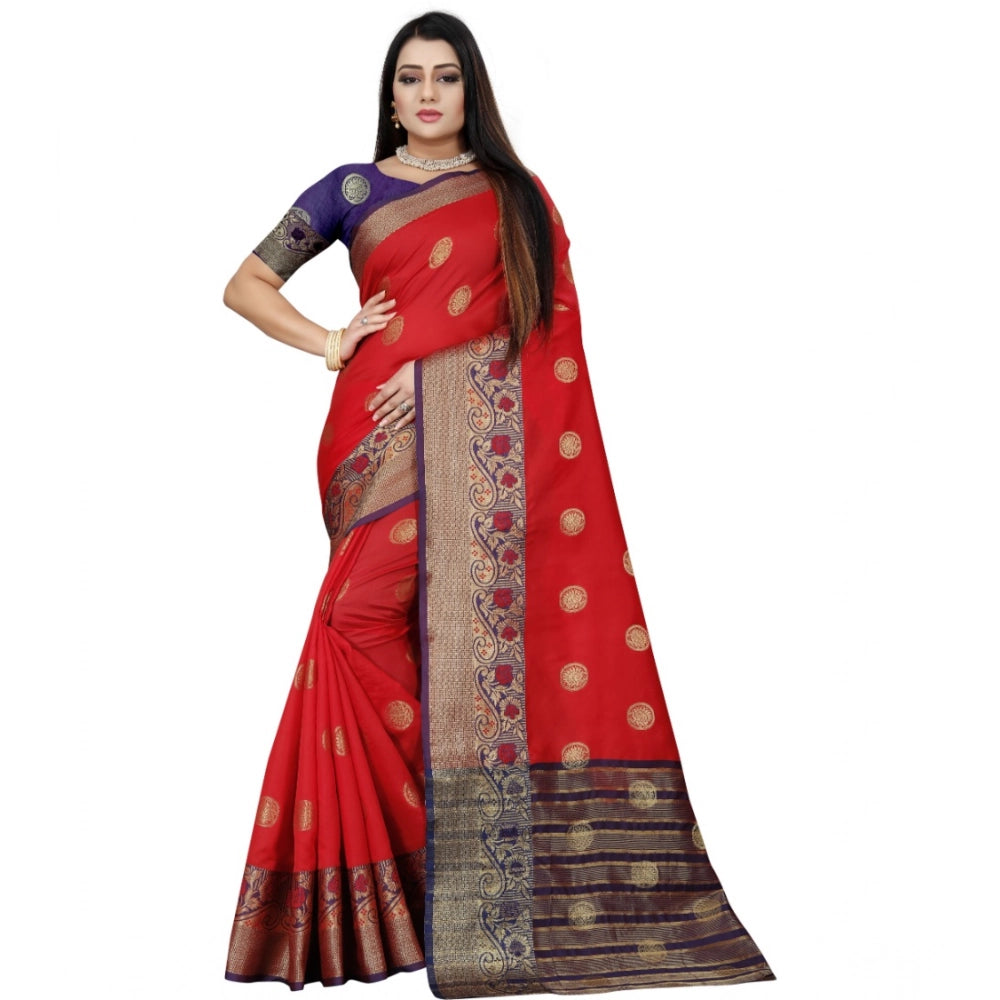 Amfyn Women's Silk Blend Woven Saree With Unstitched Blouse 5.5Mtr (Red-Blue)