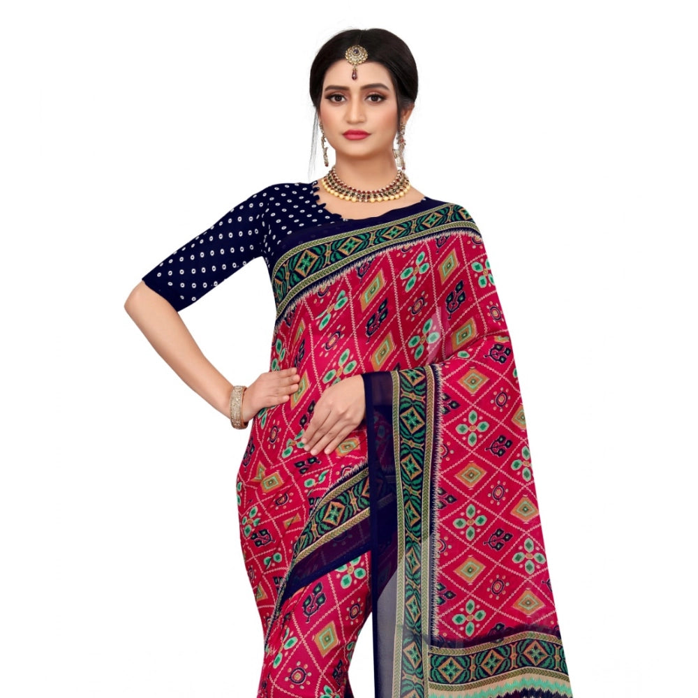 Amfyn Women's Georgette Floral Print Saree With Unstitched Blouse 5.5Mtr (Pink)