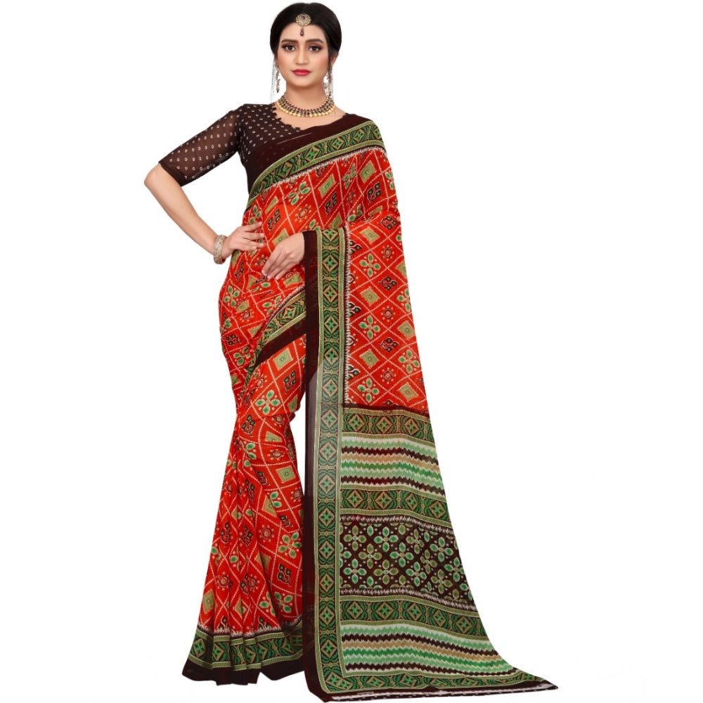 Amfyn Women's Georgette Floral Print Saree With Unstitched Blouse 5.5Mtr (Red)
