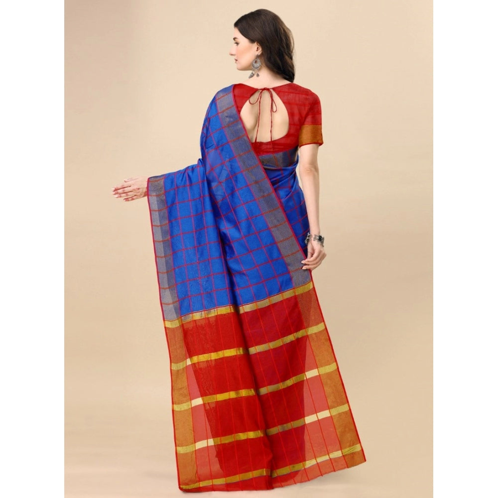 Amfyn Women's Cotton Silk Checkered Saree With Unstitched Blouse 5.5Mtr (Blue)