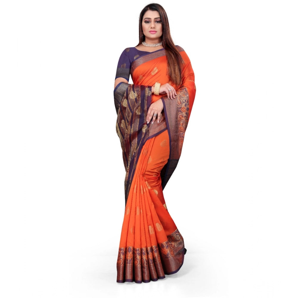 Amfyn Women's Silk Blend Woven Saree With Unstitched Blouse 5.5Mtr (Orange)