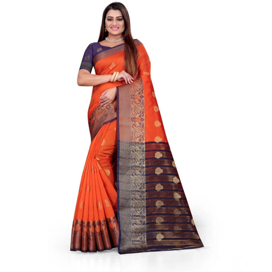Amfyn Women's Silk Blend Woven Saree With Unstitched Blouse 5.5Mtr (Orange)