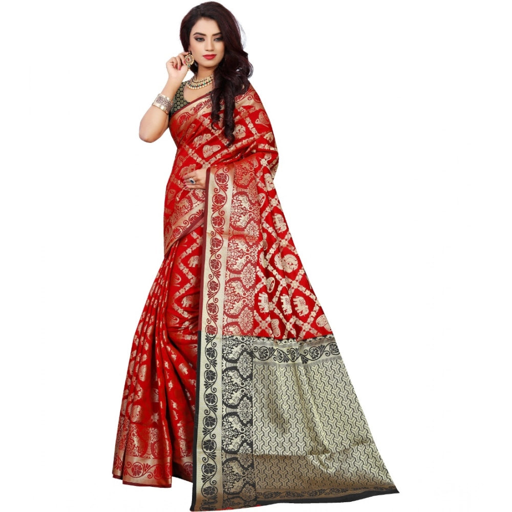 Amfyn Women's Jacquard Woven Saree With Unstitched Blouse 5.5Mtr (Red)
