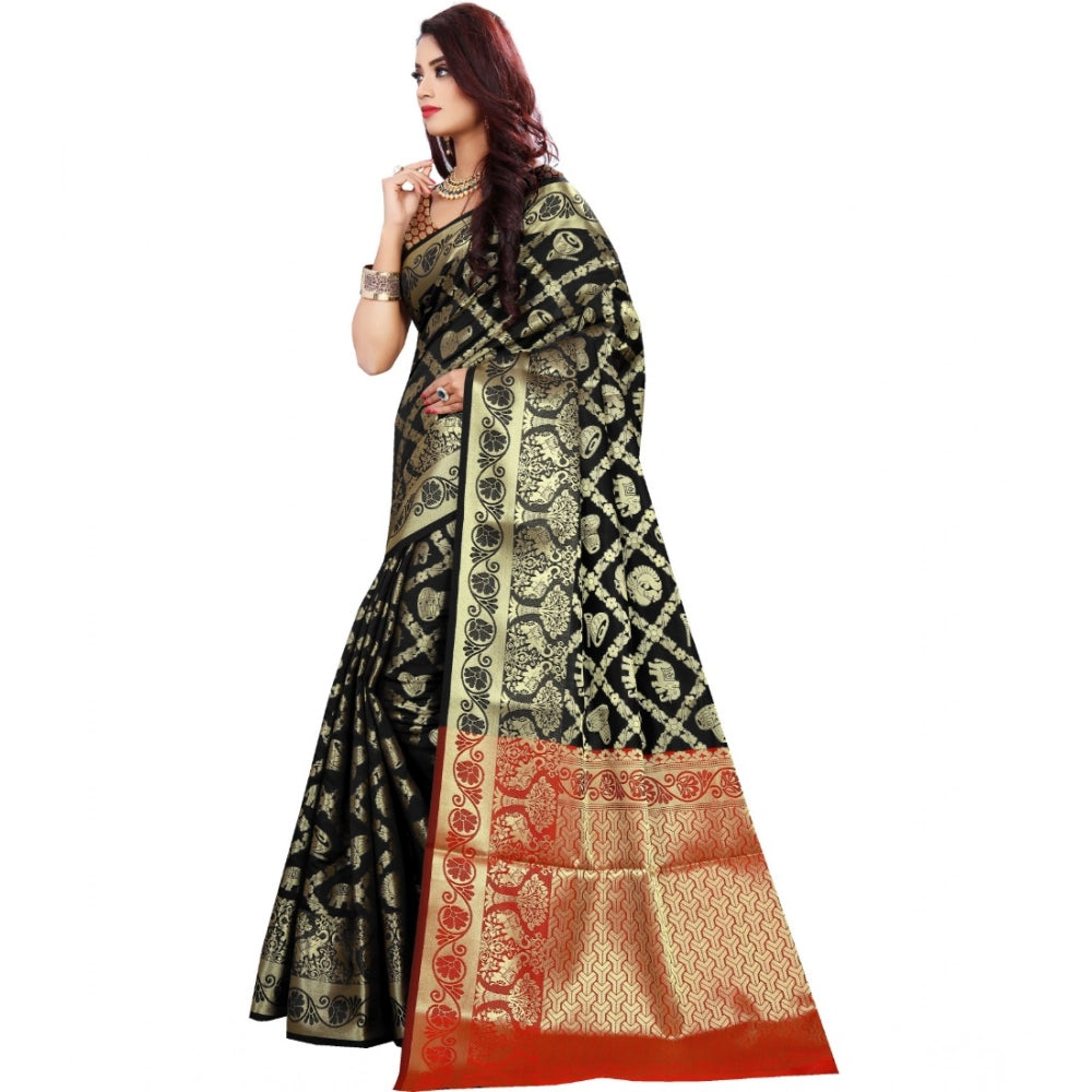 Amfyn Women's Jacquard Woven Saree With Unstitched Blouse 5.5Mtr (Black)