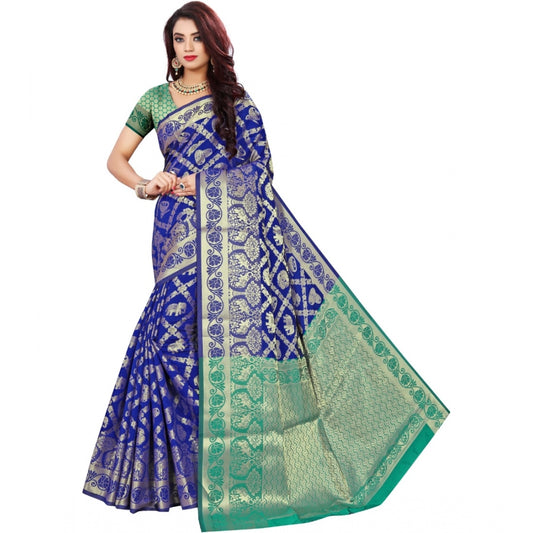Amfyn Women's Jacquard Woven Saree With Unstitched Blouse 5.5Mtr (Blue)