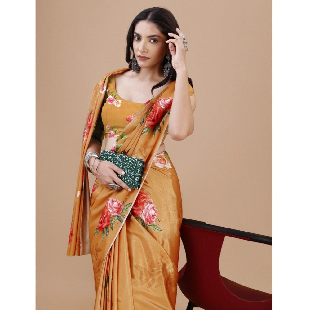 Amfyn Women's Crepe Digital Print Saree With Unstitched Blouse 5.5Mtr (Mustard)