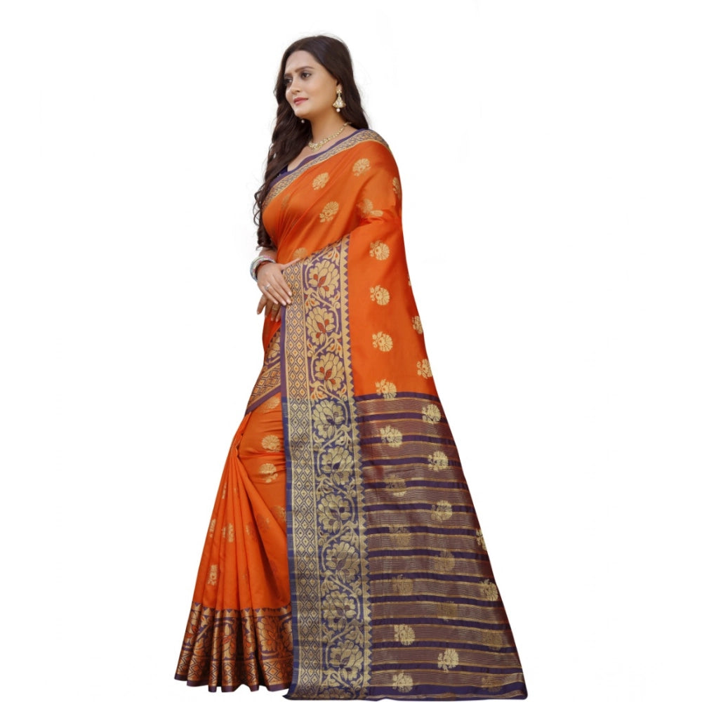 Amfyn Women's Silk Blend Woven Saree With Unstitched Blouse 5.5Mtr (Gold-Orange)