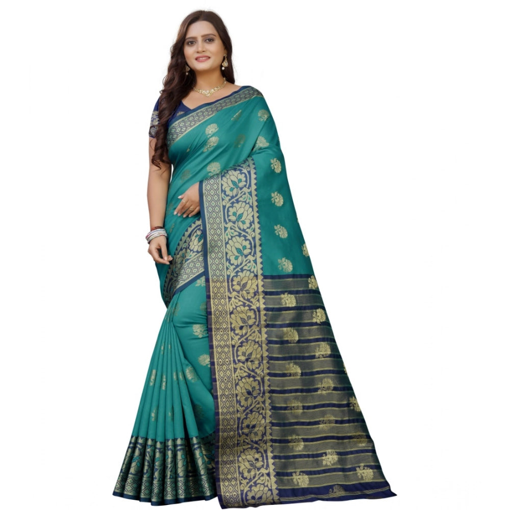 Amfyn Women's Silk Blend Woven Saree With Unstitched Blouse 5.5Mtr (Dark Blue-Green)