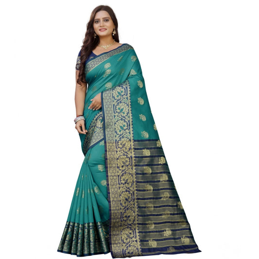 Amfyn Women's Silk Blend Woven Saree With Unstitched Blouse 5.5Mtr (Dark Blue-Green)