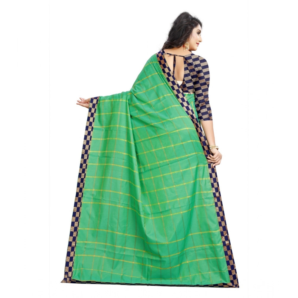 Amfyn Women's Cotton Silk Checkered Saree With Unstitched Blouse 5.5Mtr (Green)
