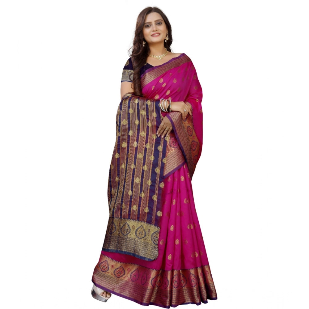 Amfyn Women's Silk Blend Woven Saree With Unstitched Blouse 5.5Mtr (Purple-Pink)